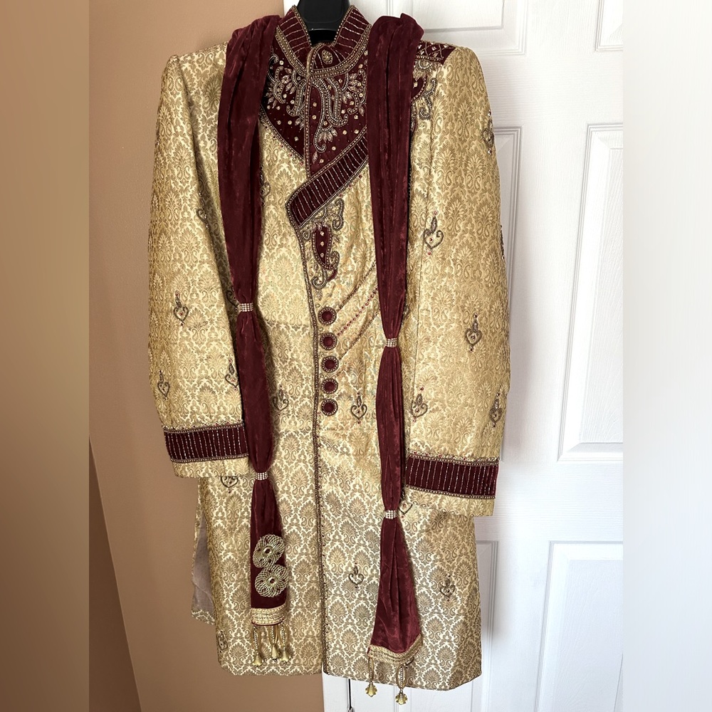 A Gold & Maroon Men’s Wedding Sherwani w/ Dupatta & Pajama